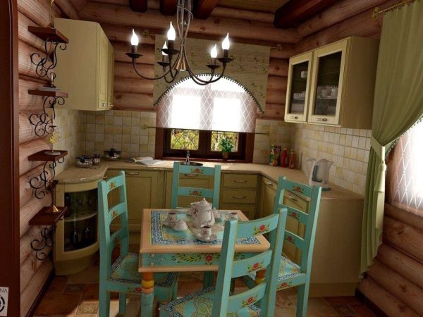 голубой стол на кухне в деревянном доме